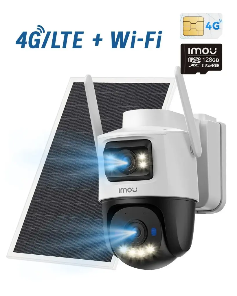 Imou AOV Dual — Caméra extérieure solaire 10MP (5MP+5MP) Wi‑Fi 2.4 GHz + 4G LTE, PT + double objectif, enregistrement AOV (Always‑On Video) 